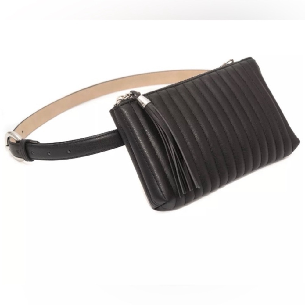 INC International Concepts Black Ribbed Leather Belt Bag